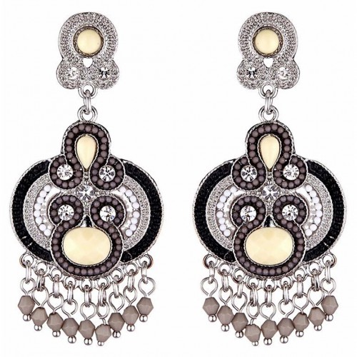 Boucles d'oreilles DARIAS Silver Pendantes à pendentif Romantique médiéval Argent et Noir Blanc Rhodium Cristal et Perles