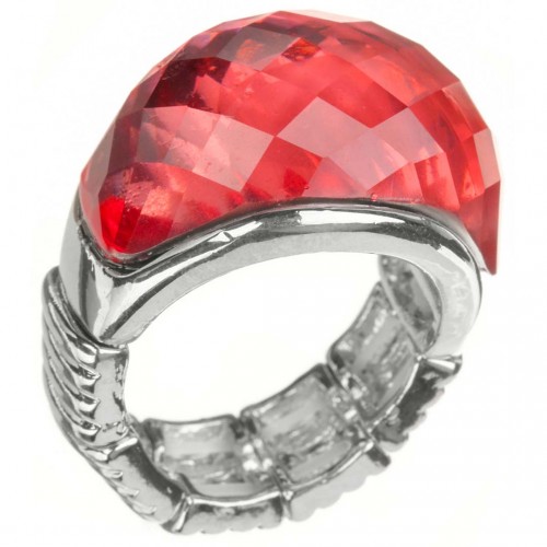 Bague CRYSTAL ICY Red Coral Silver Cabochon élastique Cristal central Argent et Rouge Corail Rhodium Cristal