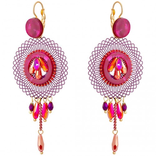 Boucles d'oreilles PRUNELLA CEREZA Cherry Pink Gold Pendantes ajourées Filigrane Doré et Rose Framboise Rhodium Cristal