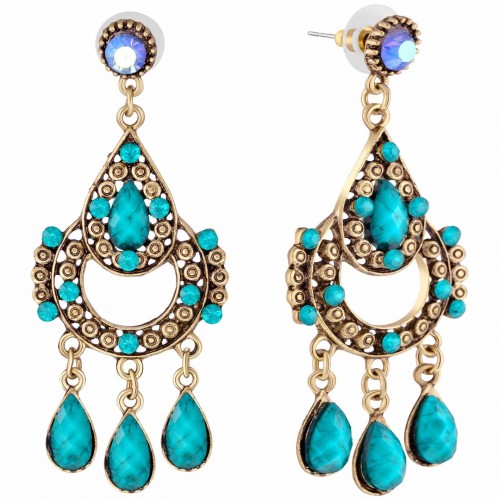 Boucles d'oreilles MEDIELA Green Emerald Gold Pendantes Romantique médiéval Doré et Vert émeraude Rhodium Cristal et Résines