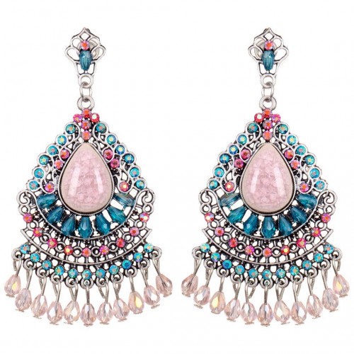 Boucles d'oreilles OLARIA Pink Blue Silver Pendantes à pendentif Romantique italienne Argent et Rose Bleu Laiton argenté Cristal