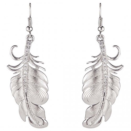 Boucles d'oreilles CLARO DE LUNA White Silver Pendantes courtes Plume Argent et Blanc Rhodium Cristal