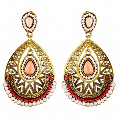 Boucles d'oreilles OBRANIAK Red Coral Gold Pendantes ajourées Romantique médiéval Corail Laiton doré à l'or fin Cristal Perles