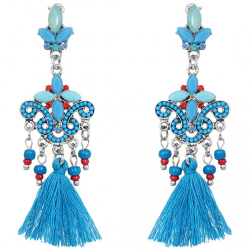 Boucles d'oreilles COLAYA Turquoise Silver Pendantes à pendentif Baroque ou romantique Argent Turquoise Rhodium Cristal Pompons
