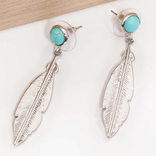 Boucles d'oreilles FORESTA Turquoise Silver Pendantes à pendentif Plume ethnique amériendien Argent et Turquoise Rhodium
