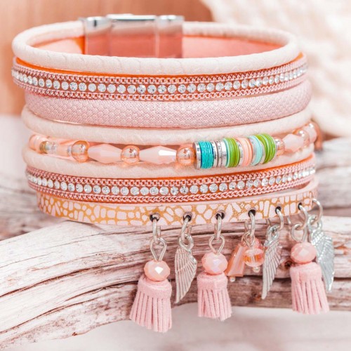 Bracelet AMAPORAL CORAL SILVER Argent et Saumon Rhodium et Simili-Cuir Cristal et Pompons