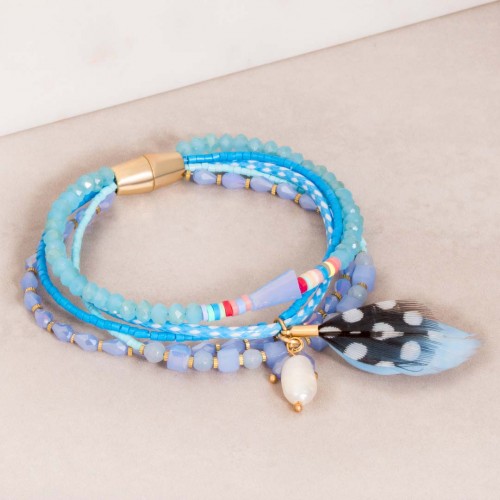 Bracelet FEATHER Sky Blue Silver Bracelet à pendentif Multirangs Plume ethnique amérindien Argent et Bleu Rhodium Cristal