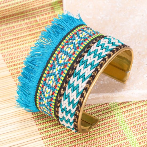 Bracelet LIMA Blue Gold Manchette flexible rigide Ethnique amérindien Doré et Bleu Laiton doré à l'or fin Tissage ethnique
