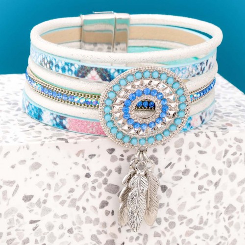 Bracelet PICHAROS Turquoise Silver Manchette souple Multirangs Plume ethnique Argent et Turquoise Rhodium et Simili-Cuir Cristal