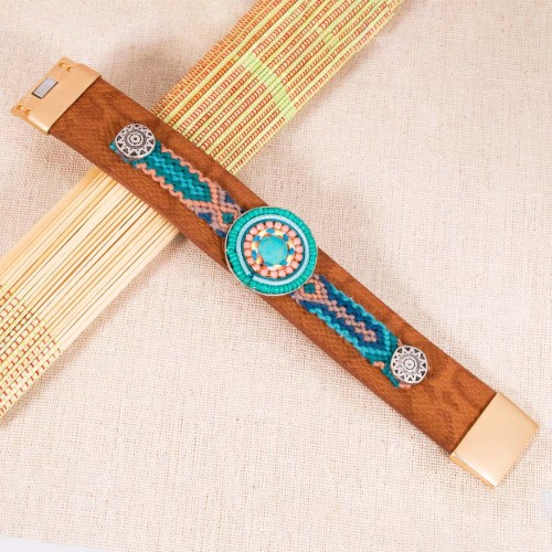 Bracelet BOLIVARO Turquoise Gold Manchette souple Ethnique amérindien Laiton doré à l'or fin et Cuir véritable Tissage brésilien