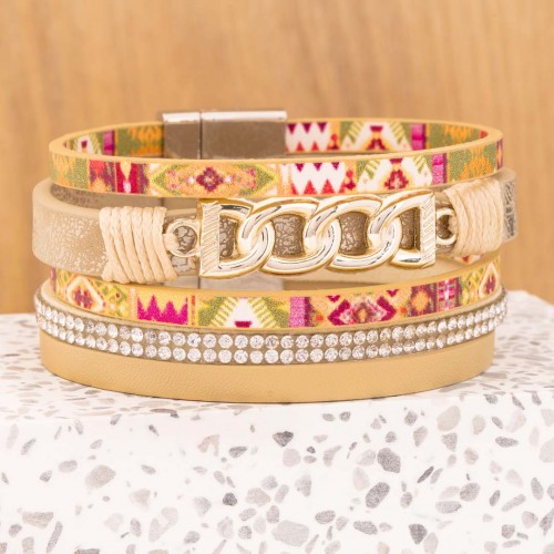 Bracelet CITADOS Beige Silver Manchette souple Multirangs Ethnique amérindien Argent et Beige Rhodium et Simili-Cuir Cristal