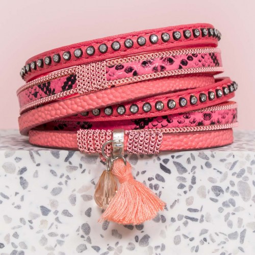 Bracelet INDIANA Red Coral Silver Double Tour Multirangs Ethnique amérindien Argent et Rouge Corail Rhodium Simili-Cuir Cristal