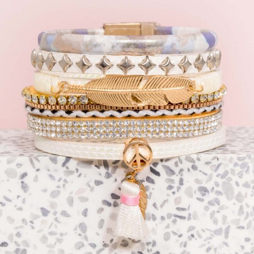Bracelet GERALIA White Gold Manchette souple Multirangs Plume ethnique Blanc Doré à l'or fin Simili-Cuir Cristaux sertis