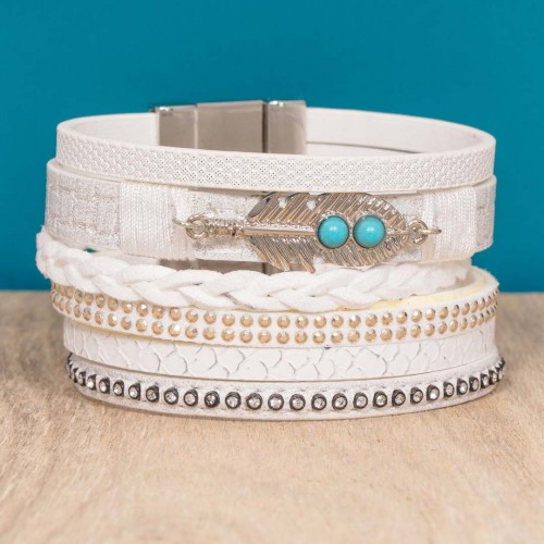 Bracelet DAKOTA White Silver Manchette souple Multirangs Plume ethnique Argent et Blanc Rhodium et Simili-Cuir Cristal Turquoise