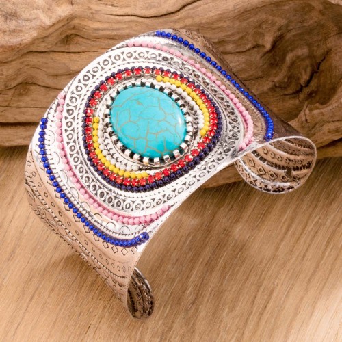 Bracelet GRIEKA Turquoise Silver Manchette flexible rigide Grec antique Argent et Turquoise Rhodium Turquoise et Perles