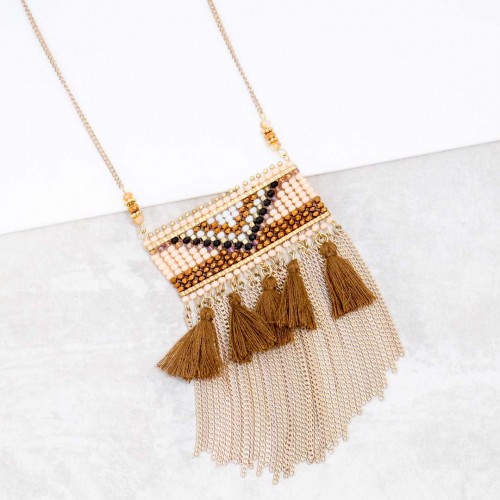 Collier LIVANTA Beige Gold Sautoir pendentif en Y Ethnique amérindien Doré et Beige Rhodium Perles de Cristal et Pompons