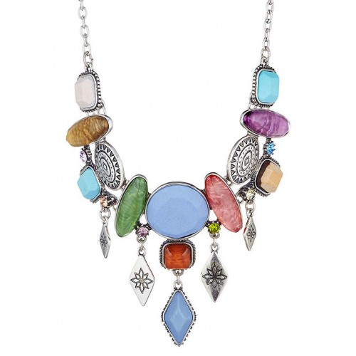 Collier DEVALINA Color Silver Plastron à pendentif Romantique médiéval Argent et Multicolore Laiton argenté Cristal Bois naturel