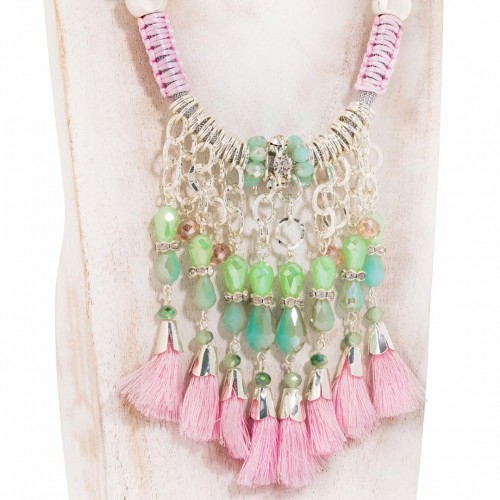 Collier VAHENA Apple Green & Pink Silver Plastron à pendentif Ethnique Argent et Rose et Vert Rhodium Cristal et Pompons