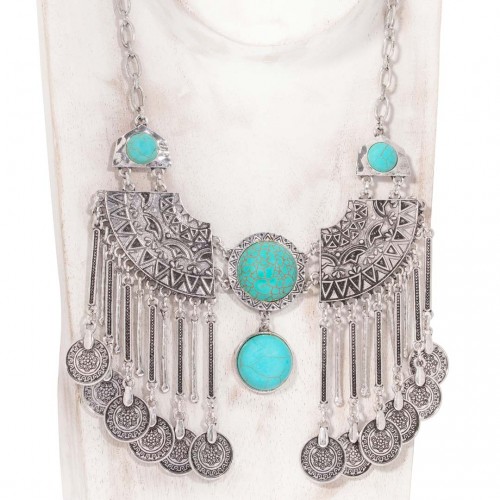 Collier ANTOLINA Turquoise Silver Plastron à pendentif Ethnique oriental Argent Turquoise Rhodium Cristal Turquoise reconstituée