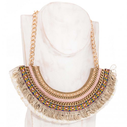 Collier WESTRIA Beige Nude Gold Plastron à frange Ethnique amérindien Doré et Beige nude Rhodium Simili-Cuir Tissage ethnique