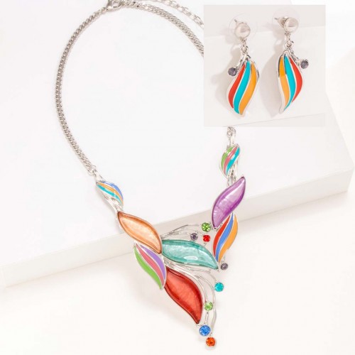 Parure JUNGOLA Color Silver Plastron pavé et boucles d'oreilles pendantes Feuillage Argent Multicolore Rhodium Cristal Résines