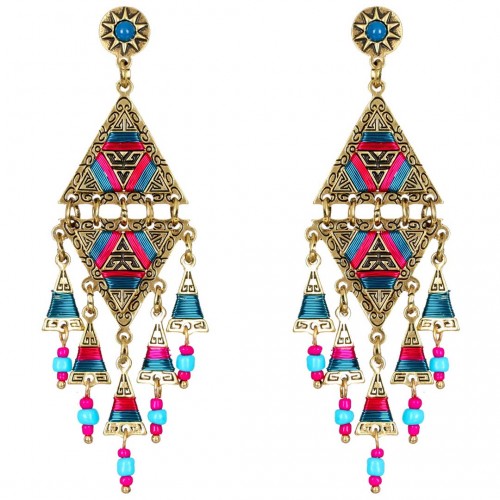 Boucles d'oreilles FALBALA Color Gold Pendantes à pendentif Ethnique amérindien natif Doré et Multicolore Rhodium Cristal