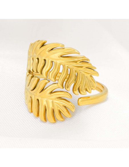 Bague PALMOJAS STEEL Gold Jonc ajouré réglable flexible Feuilles de palmier Doré Acier inoxydable doré à l'or fin