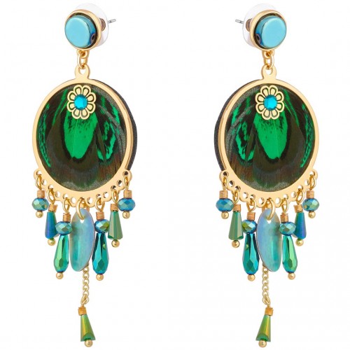 Boucles d'oreilles SOJANA VERDE GOLD Vert émeraude Métal doré Cristal et Nacre et Plumes