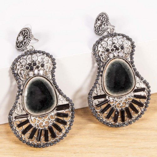 Boucles d'oreilles GUAPENDA Black Silver Pendantes ajourées Baroque ou romantique Argent Noir Rhodium Cristal Résines Perles