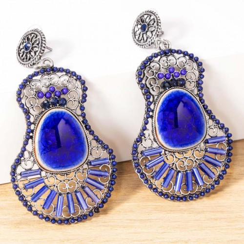 Boucles d'oreilles GUAPENDA Blue Silver Pendantes ajourées Baroque ou romantique Argent Bleu Rhodium Cristal Résines Perles