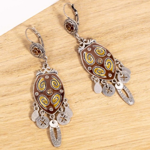 Boucles d'oreilles SCAROSA Brown Silver Pendantes pavées Contemporain Argent et Marron Rhodium Cristal et émaux