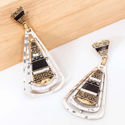 Boucles d'oreilles ARIA Black Gold & Silver Pendantes ajourées Ethnique égyptien antique Argent et Doré Noir Rhodium Cristal