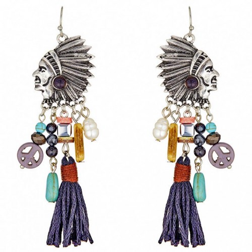Boucles d'oreilles INDIANITO Night Blue Silver Pendante à pendentif Tête d'indien Argent Bleu Nuit Cristal Turquoise pompon bois