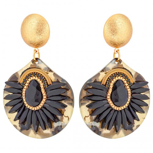 Boucles d'oreilles EKINOSA Black Gold Pendantes pavées Couronne de cristal Doré et Noir Laiton doré à l'or fin Cristal Résines