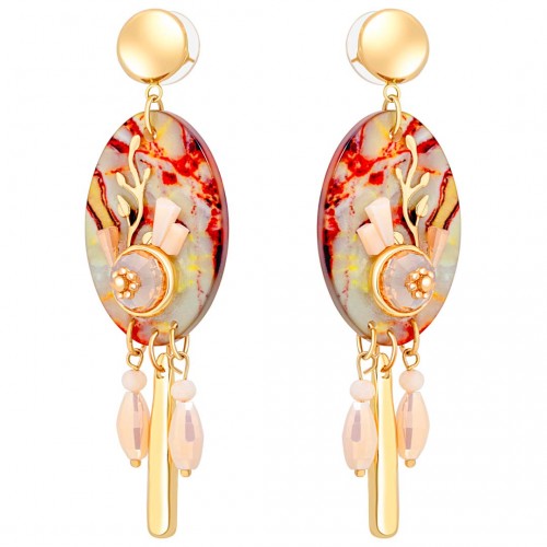 Boucles d'oreilles RAMOJAS Beige Gold Pendantes pavées Branche d'arbre Doré et Beige Laiton doré à l'or fin Cristal et Résines