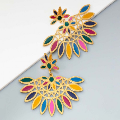 Boucles d'oreilles VENISIA STEEL Color Gold Pendantes ajourées Gitan tzigane Doré et Multicolore Acier inoxydable émaux