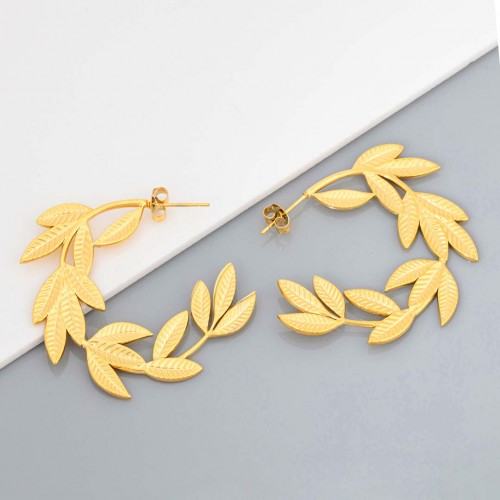 Boucles d'oreilles NATULEZA STEEL Gold Créoles plates Feuillage Doré Acier inoxydable doré à l'or fin