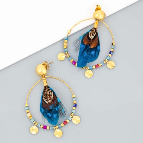 Boucles d'oreilles PLUMEA STEEL Blue Gold Pendantes ajourées Ethnique Doré Bleu Acier inoxydable doré à l'or fin Cristal Plumes