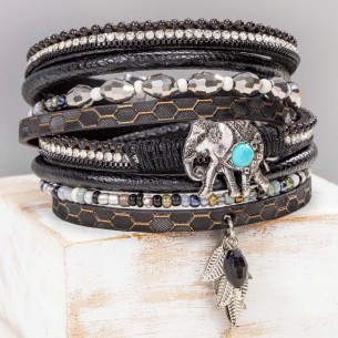 Bracelet ARYANAL BLACK TURQUOISE SILVER Noir Rhodium et Simili-Cuir Cristal et Turquoise reconstituée et Pampille