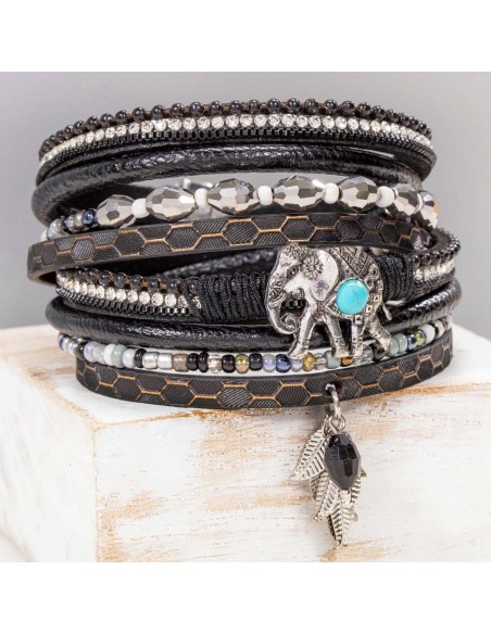 Bracelet ARYANAL BLACK TURQUOISE SILVER Noir Rhodium et Simili-Cuir Cristal et Turquoise reconstituée et Pampille