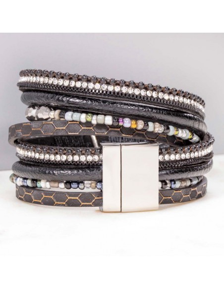Bracelet ARYANAL BLACK TURQUOISE SILVER Noir Rhodium et Simili-Cuir Cristal et Turquoise reconstituée et Pampille