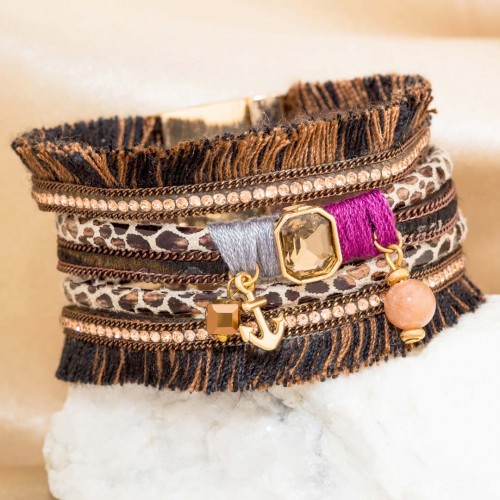 Bracelet IKITOS CHOCO GOLD Chocolat Rhodium et Simili-Cuir Cristal et Tissage ethnique