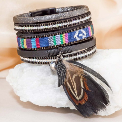 Bracelet APALUNA BLACK SILVER Noir Rhodium et Simili-Cuir Cristal et Plumes et Tissage brésilien