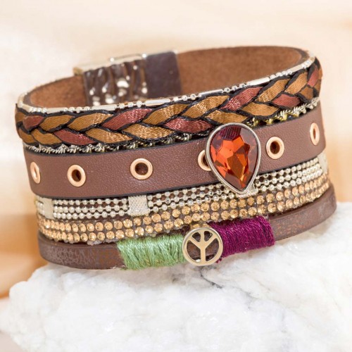 Bracelet CAMORA CHOCO GOLD Chocolat Rhodium et Simili-Cuir Cristal et Clous décoratifs