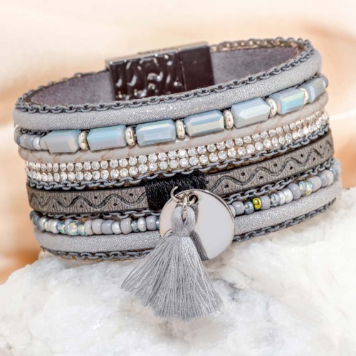 Bracelet SUERTAS GREY SILVER Gris Rhodium et Simili-Cuir Cristal et Breloques