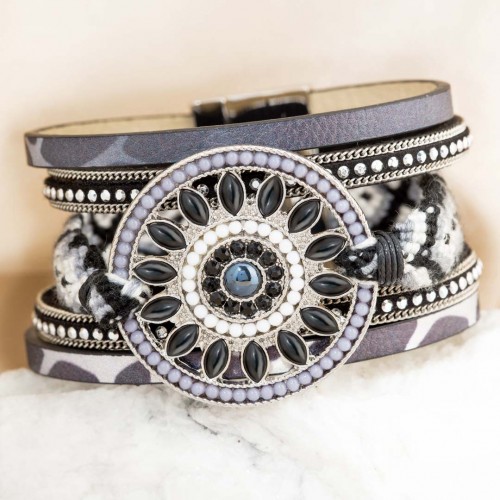 Bracelet MATRESA BLACK SILVER Noir Rhodium et Simili-Cuir Cristal et Tissage brésilien
