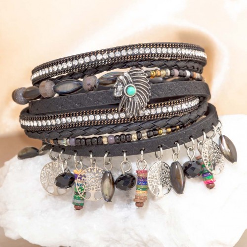 Bracelet MARACAIBO BLACK SILVER Double Tour Multirangs et Noir Rhodium et Simili-Cuir Cristal et Pampilles