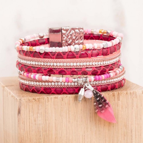 Bracelet EREA Fuchsia Silver Manchette souple Multirangs Imprimé serpent plume ethnique Argent Rose Fuchsia Simili-Cuir Cristal