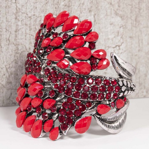 Bracelet ZAPATA Red Silver Manchette rigide ajourée Ailes de paon Argent et Rouge Rhodium Cristal et Résines