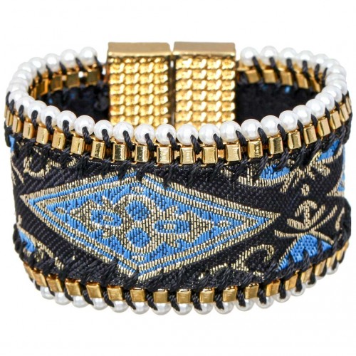Bracelet TAPIOKA Sky Blue Gold Manchette souple Ethnique amérindien Doré Bleu ciel Rhodium Broderie main doublure suédine Perles